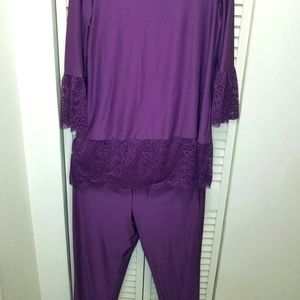 Purple pants set with  lace sleeves and bottom of the blouse